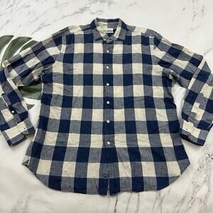 Trenery Mens Linen Button Up Shirt Size XXL Blue White Check Plaid Long Sleeve